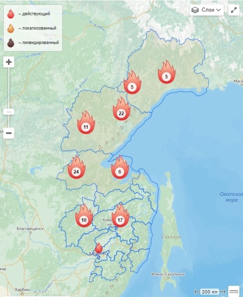 94 лесных пожара бушует в Хабаровском крае